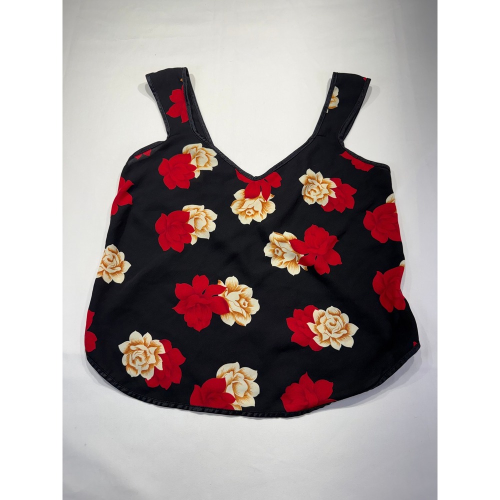 Vintage Style Floral V-Neck Camisole Tank Top Black Red Rose Print Sleeveless